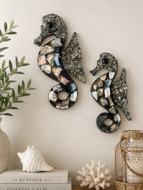 Vintage Seahorse set resin abalone shell Wall Art 1960s Retro Beach cottage